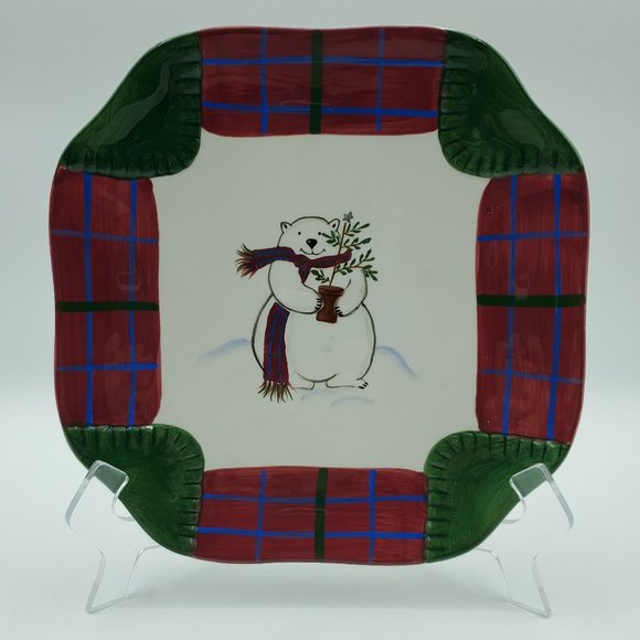 Pfaltzgraff Snow Bear Polar Bear Lunch Salad Cookie Plates Red Green Blue Plaid - Picture 5 of 7